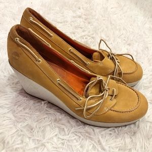 Timberland skipher Leather Mule Wedge Heels Wheat Tan‎ White 8